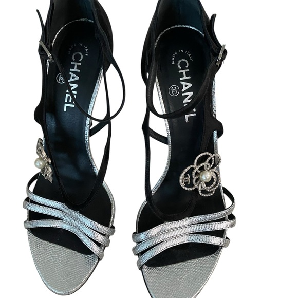 CHANEL Black and Silver Strappy Heels - Picture 10 of 11